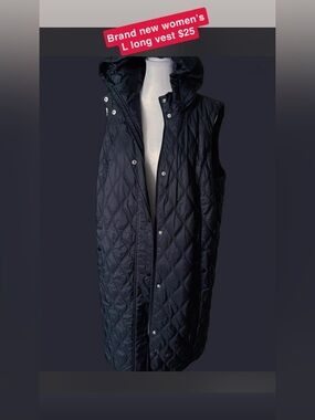 Quilted Hooded Long Puffer Vest - Black